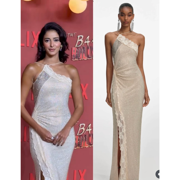 Self-Portrait Champagne Rhinestone Lace Trim Maxi Dress US 4 - Picture 6 of 10